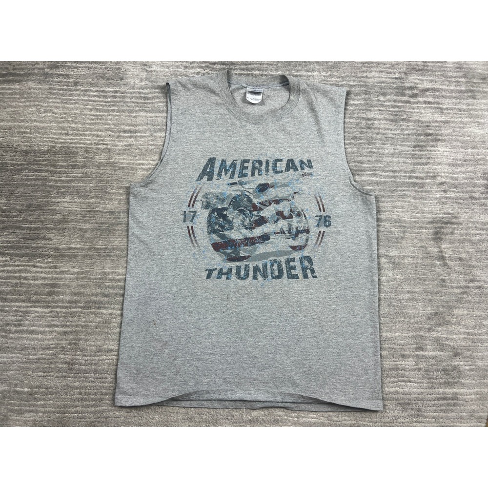 Gildan Muscle Tee Mens Medium Gray American Thunder Biker Graphic Shirt